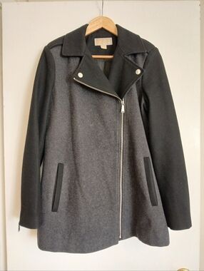 Michael Kors 8 Two-Tone Black and Charcoal Pea Coat Asymmetrical Moto Jacket